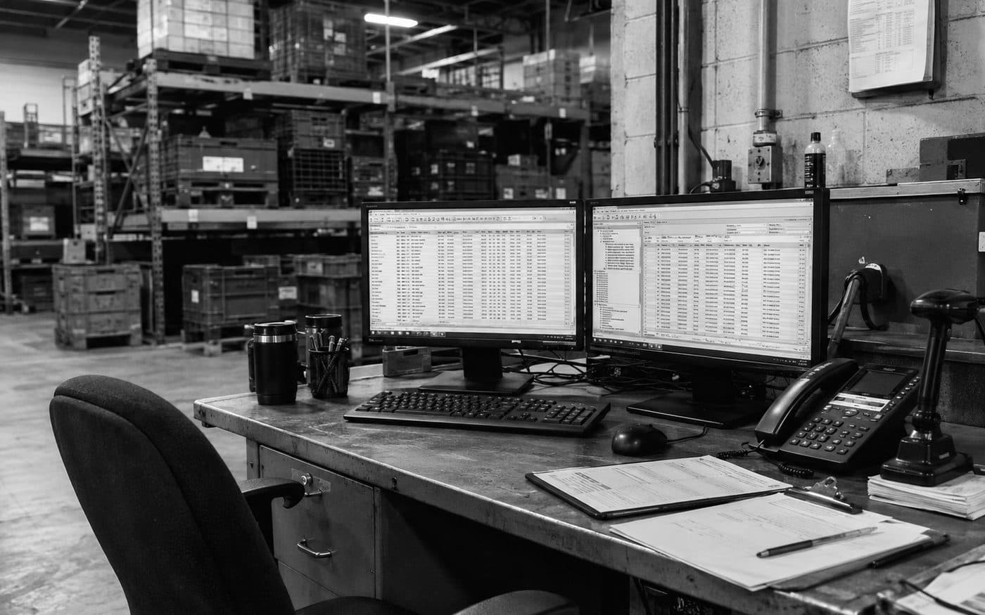 Puesto de trabajo con dos monitores dentro de una nave industrial
