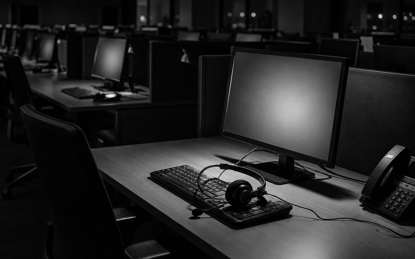 Puesto de atención telefónica vacío con los auriculares sobre la mesa